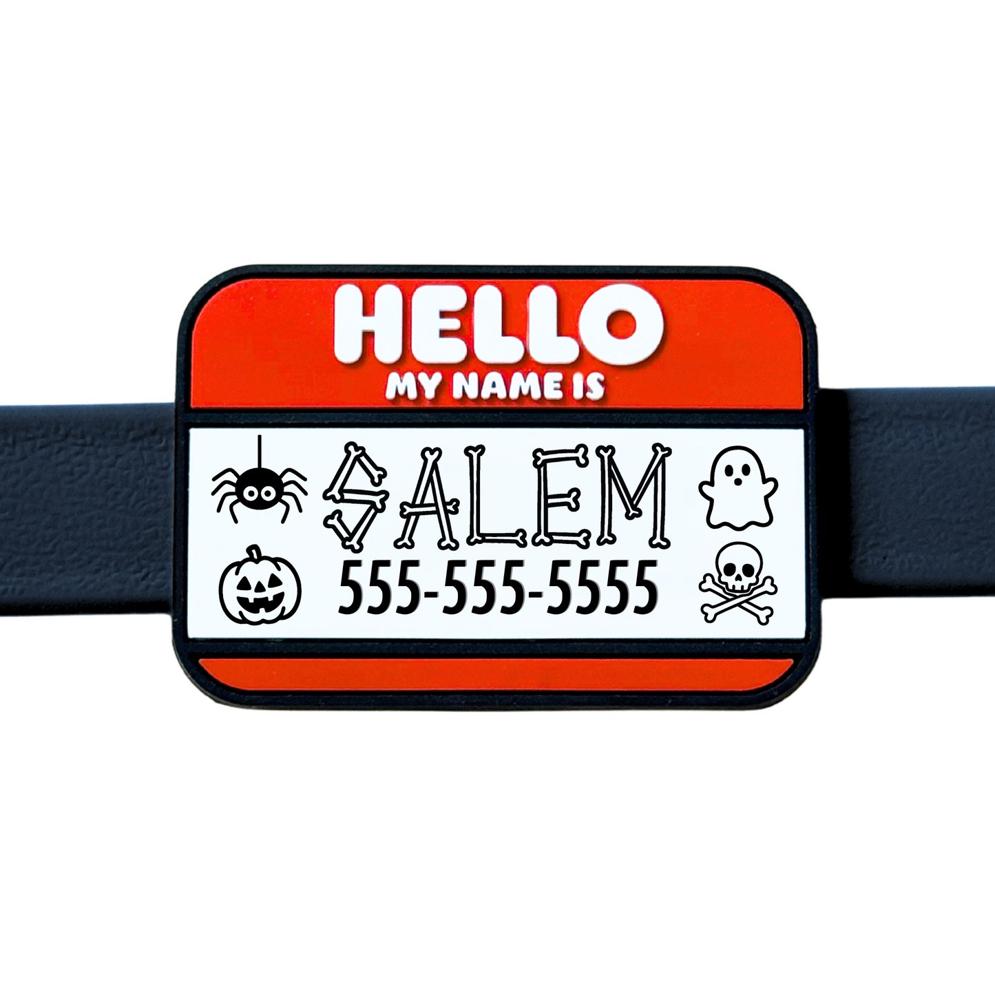 Halloween-themed pet ID name tag design with customizable Halloween doodles on a white background