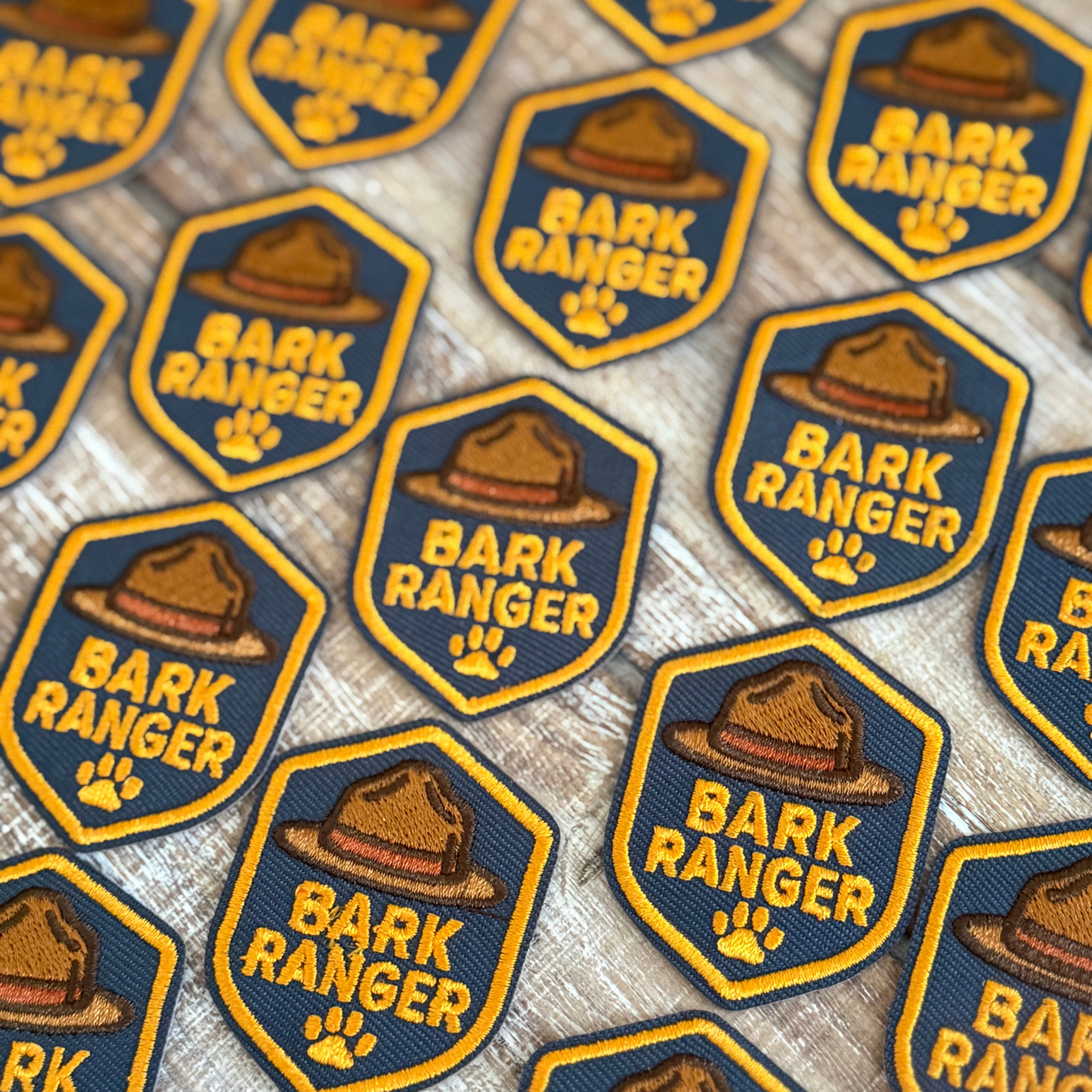 Hexagonal patches with 'Bark Ranger' text and a hat design on a textured surface.