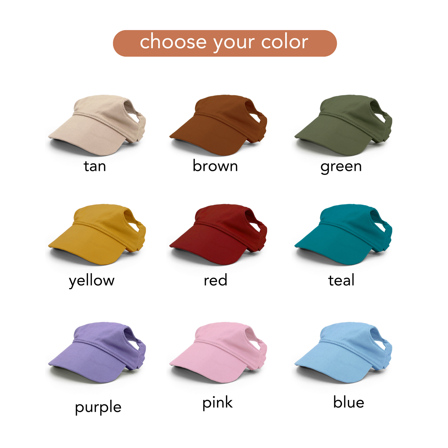 Collection of visors in various colors with labels on a white background