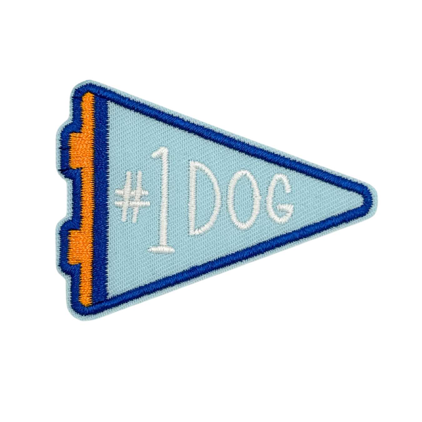 Pennant-shaped patch with '#1 DOG' text on a light blue background