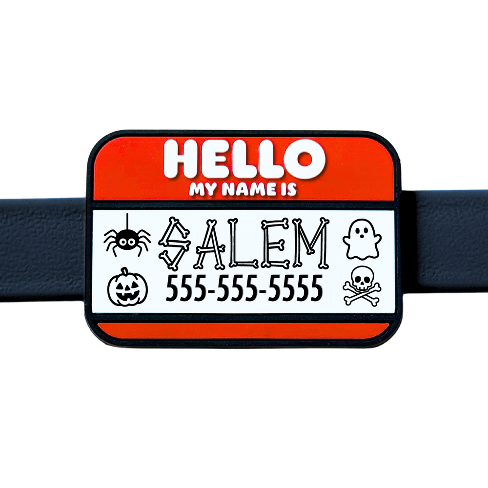 
                  
                    Halloween-themed pet ID name tag design with customizable Halloween doodles on a white background
                  
                