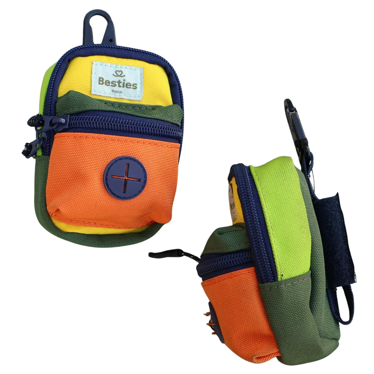 A small multicolor dog poop bag shown from two angles on a white background. The bag features a bright orange front pocket with poop bag dispender, a yellow top section, a green lower section, and navy blue zippers and straps.