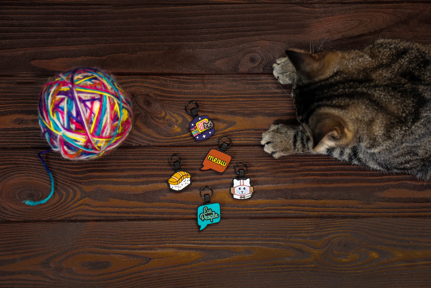 Cat playing with colorful yarn on a wooden surface with cat ID tags nearby