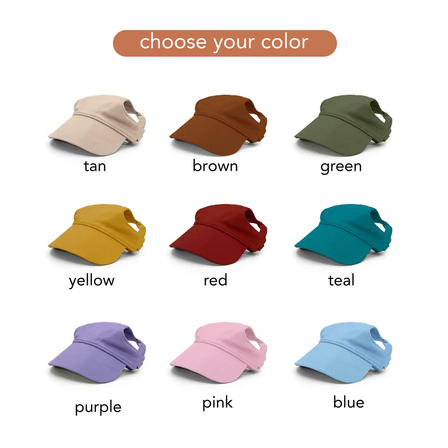 Collection of dog hats in various colors with labels on a white background