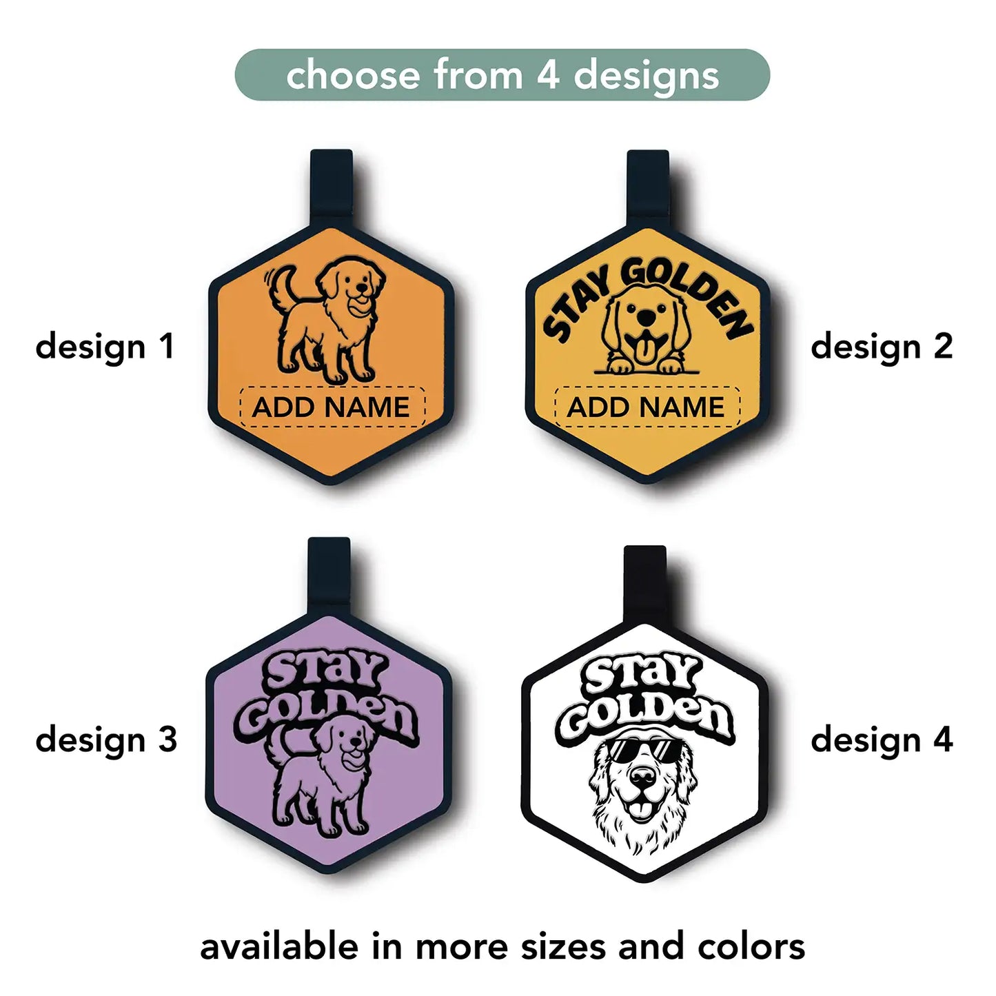Hexagonal dog tags with Golden Retriever designs and options to add a name.
