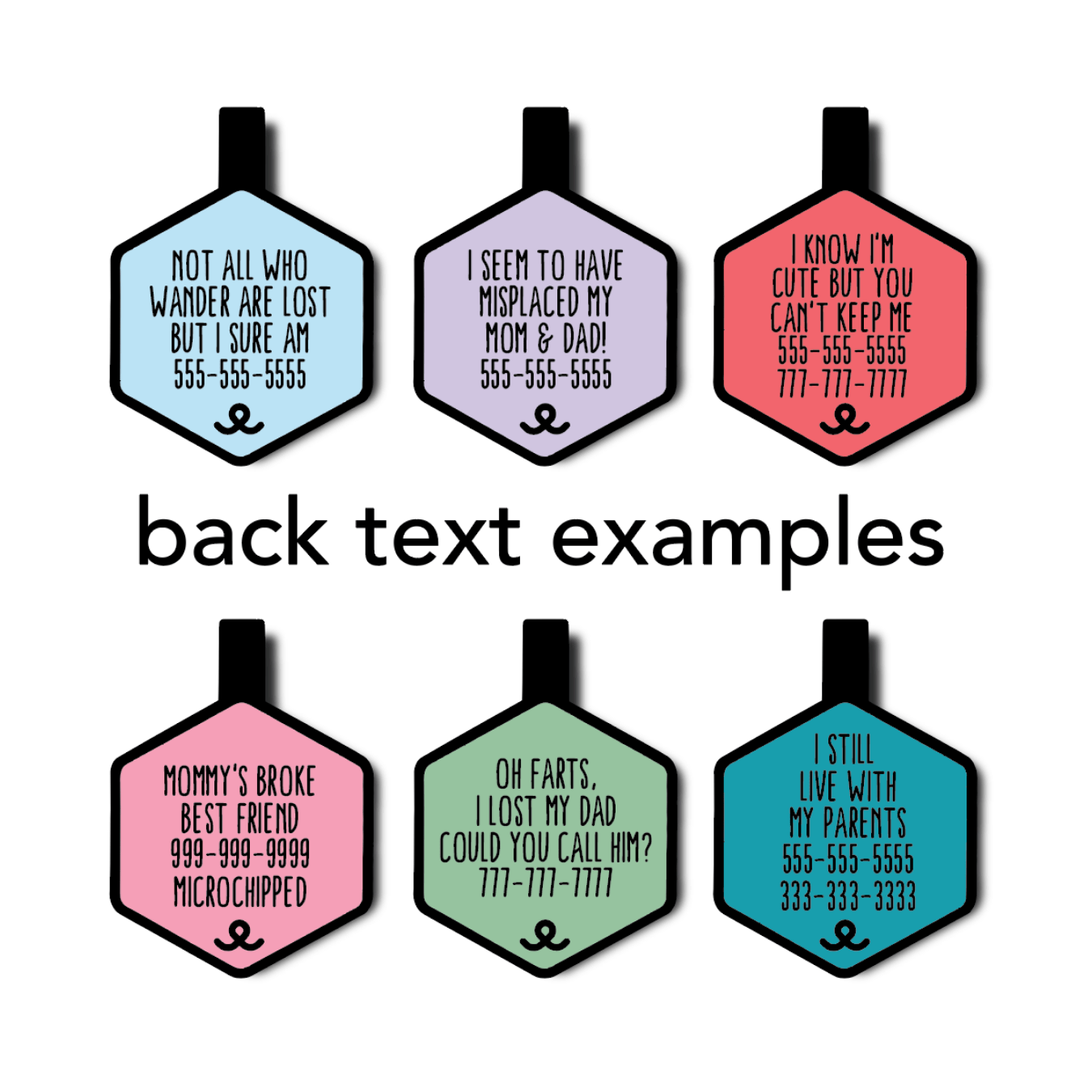 Hexagonal pet tags with various humorous back text examples on a white background