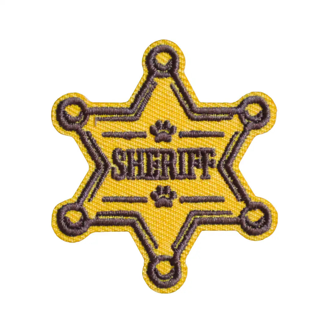 Yellow badge-shaped Iron-on patch with 'Sheriff' text on a white background