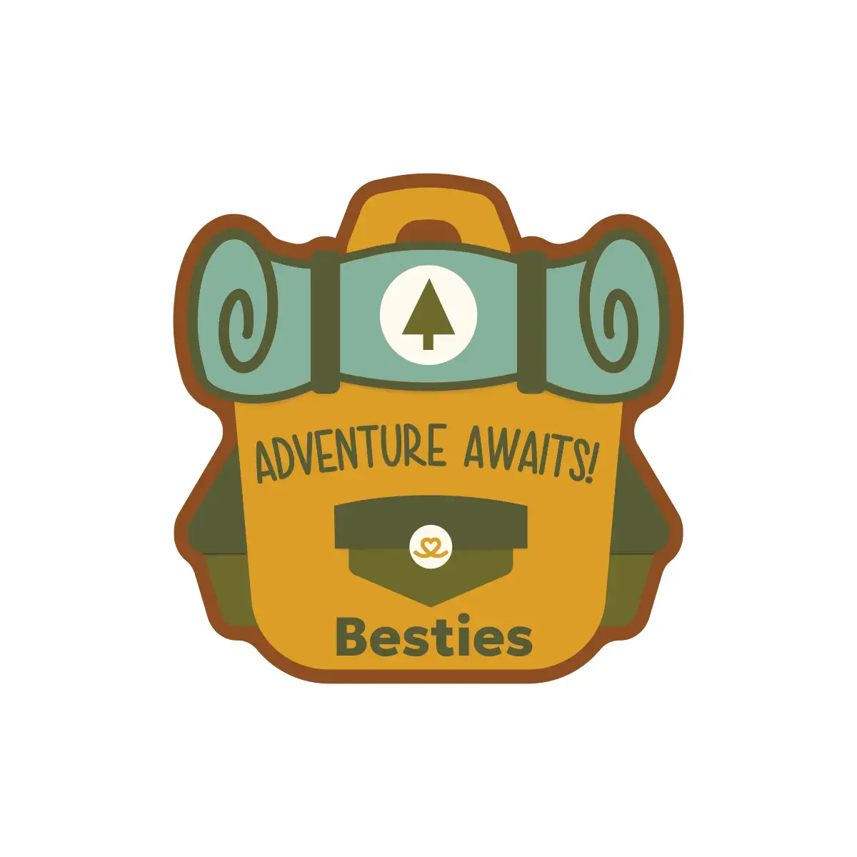 Backpack shaped sticker design that says "Adventure Awaits" in earth tone colors like mustard yellow, brown and green.