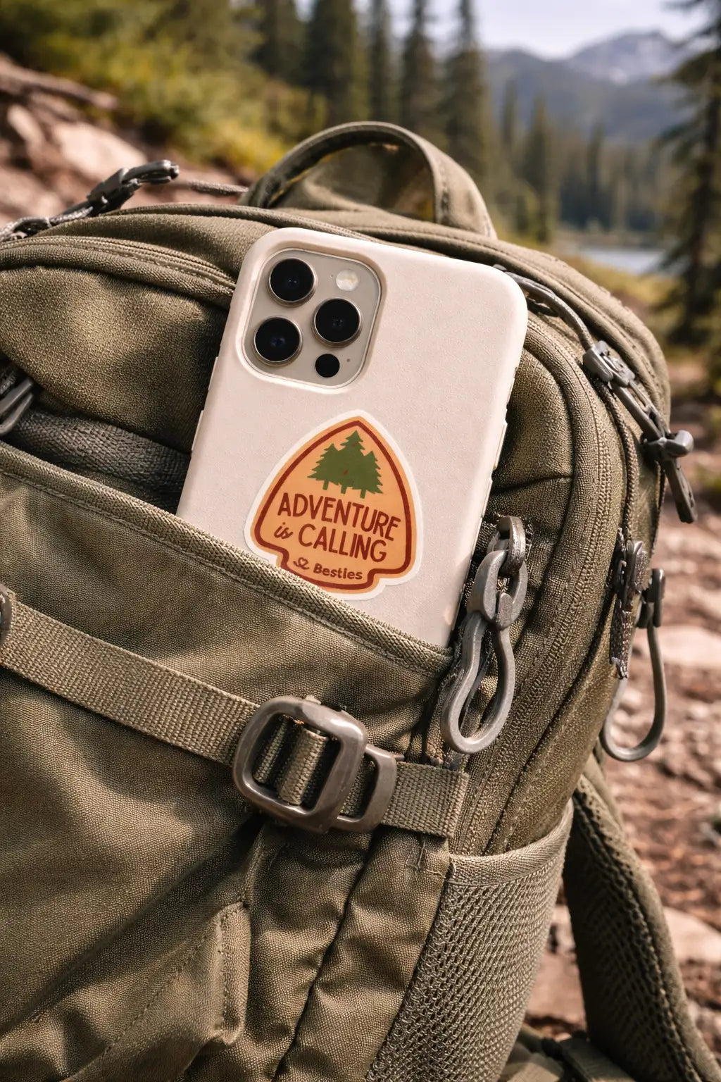 A cellphone sticking out of a backpack pocket with our Adventure Awaits sticker on the case in an outdoor setting. 