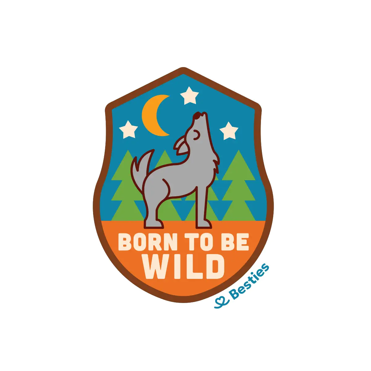 Shield shaped sticker with a wolf howling at the moon and start that says 