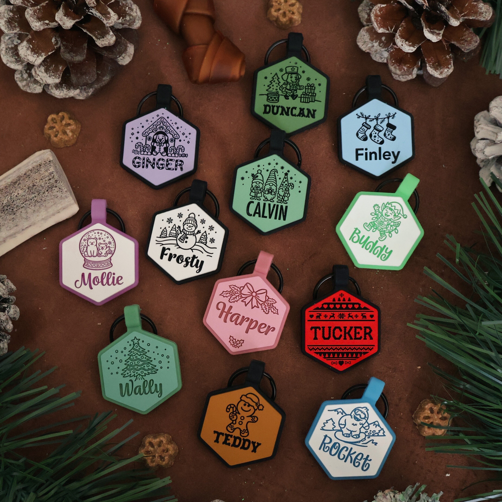 
                  
                    Holiday design silicone pet ID tags with names on a rustic background with pine cones and branches.
                  
                
