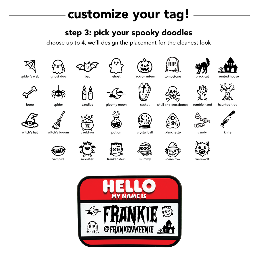 
                  
                    Halloween-themed name tag design with customizable doodles on a white background
                  
                