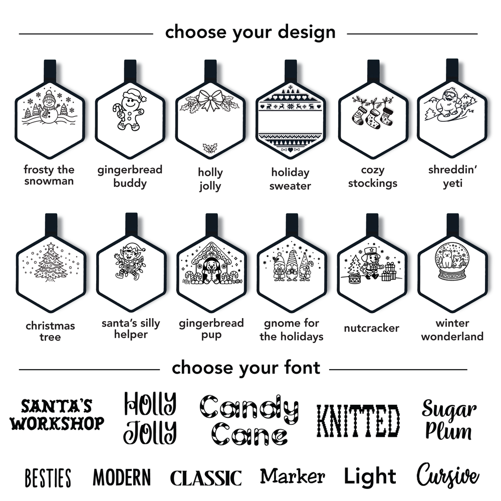
                  
                    Collection of holiday-themed design options with corresponding fonts below.
                  
                