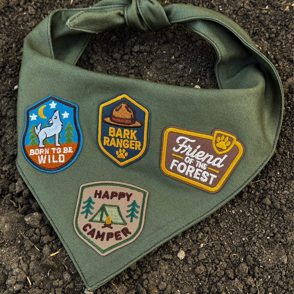 
                  
                    Green bandana with nature-themed patches on a dirt background
                  
                