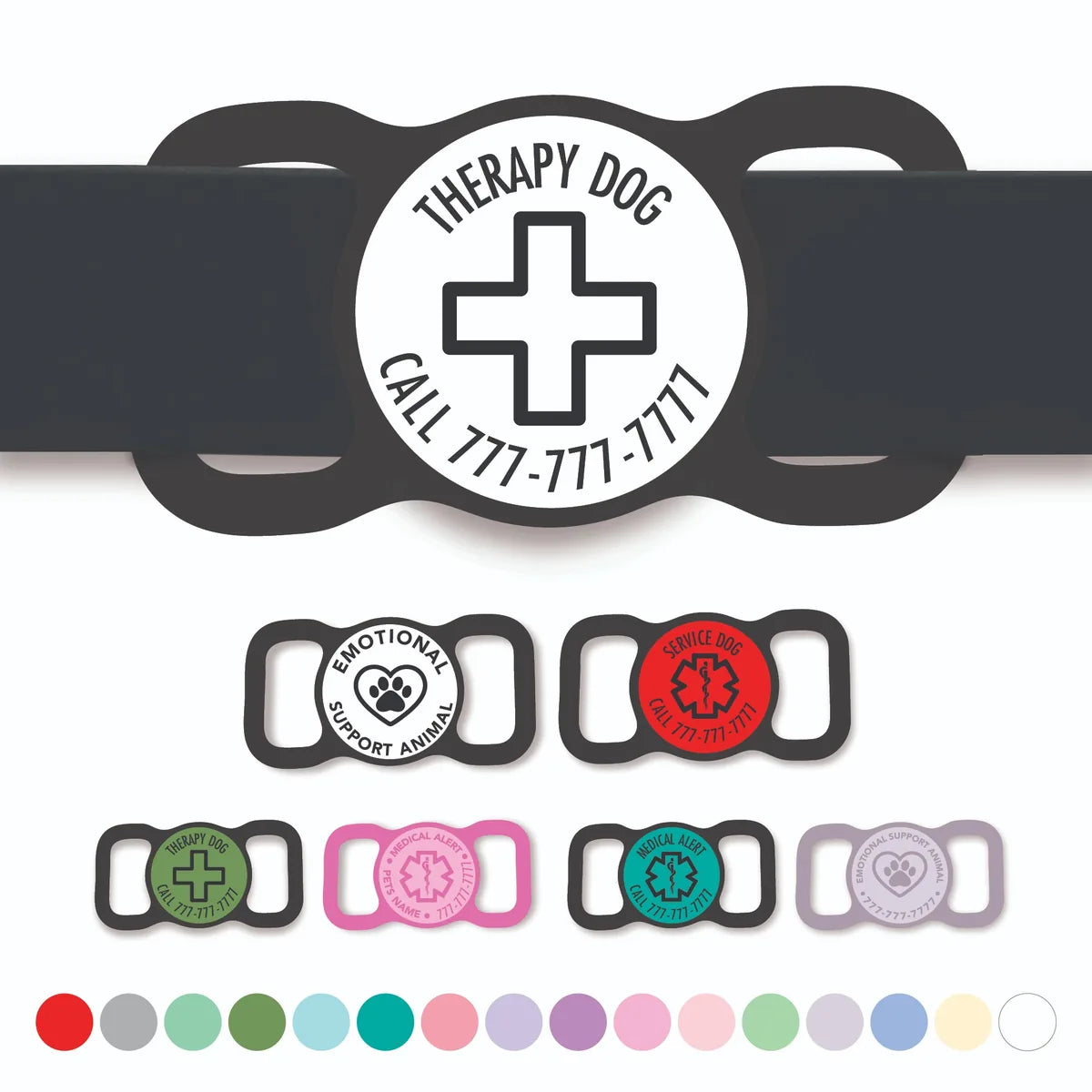 Slim Slide-on pet id mock up with several design options and color choices.