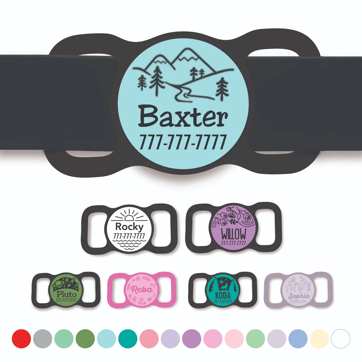 Slim Slide-On Silicone pet id tag mock up images and color options.