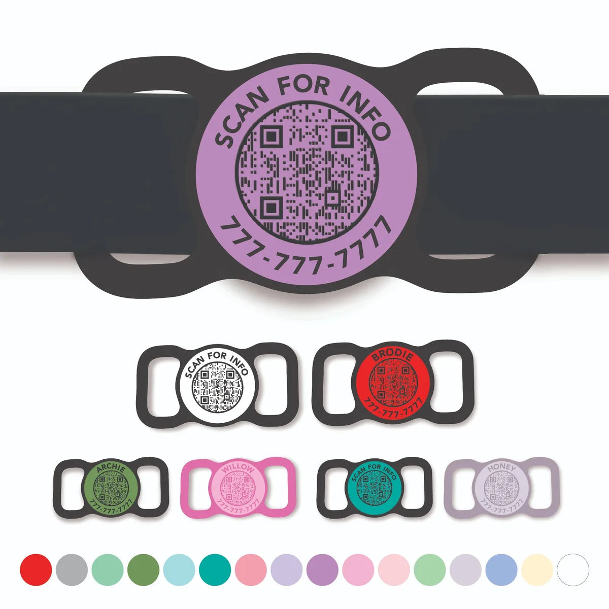 Slim Slide-On tag mockup with QR Code, with a few design options and color choice swatches.