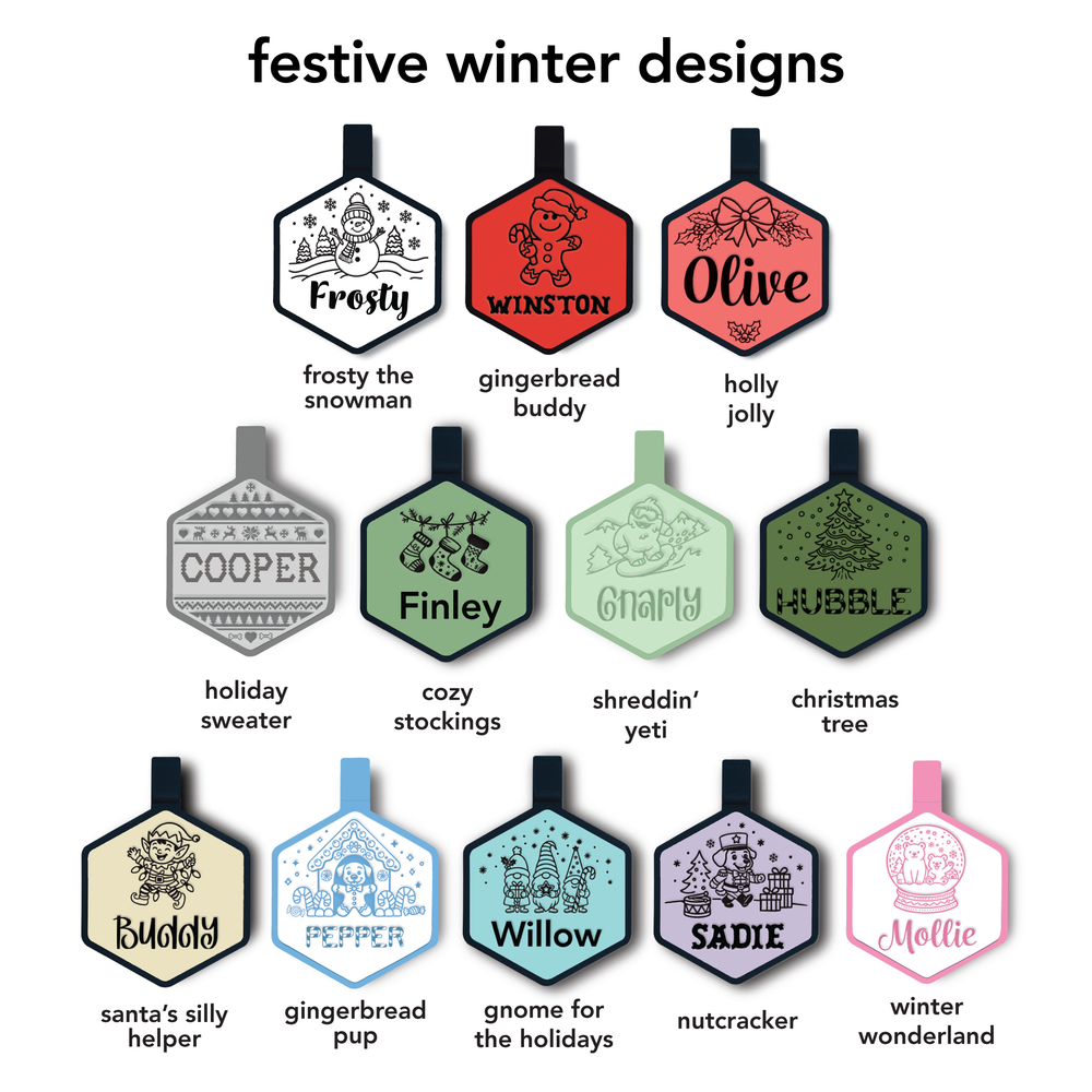 Personalized festive holiday design dog ID tags featuring 12 festive winter designs including snowmen, Christmas trees, and yetis from Besties Pet Co
