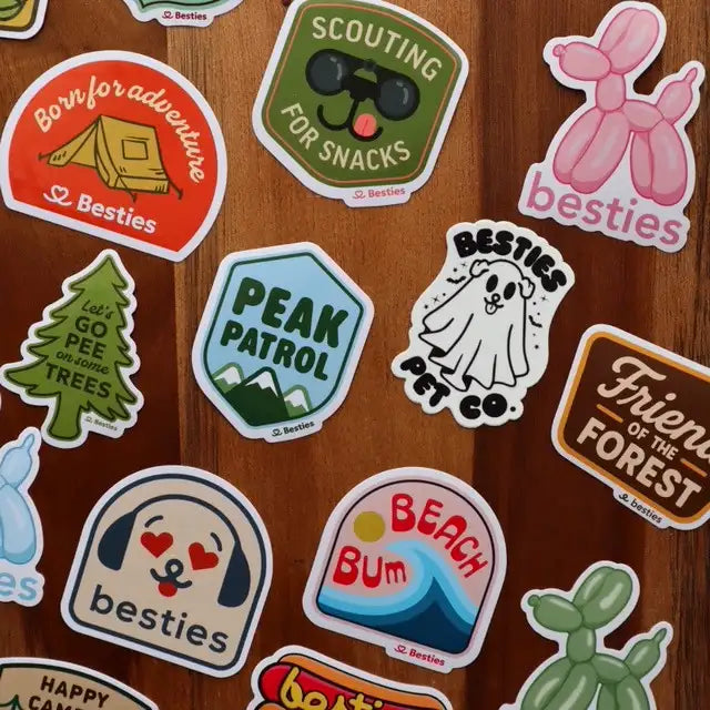 Flat lay of stickers arranged on a wooden background with an adventure theme.  Featuring stickers that say 