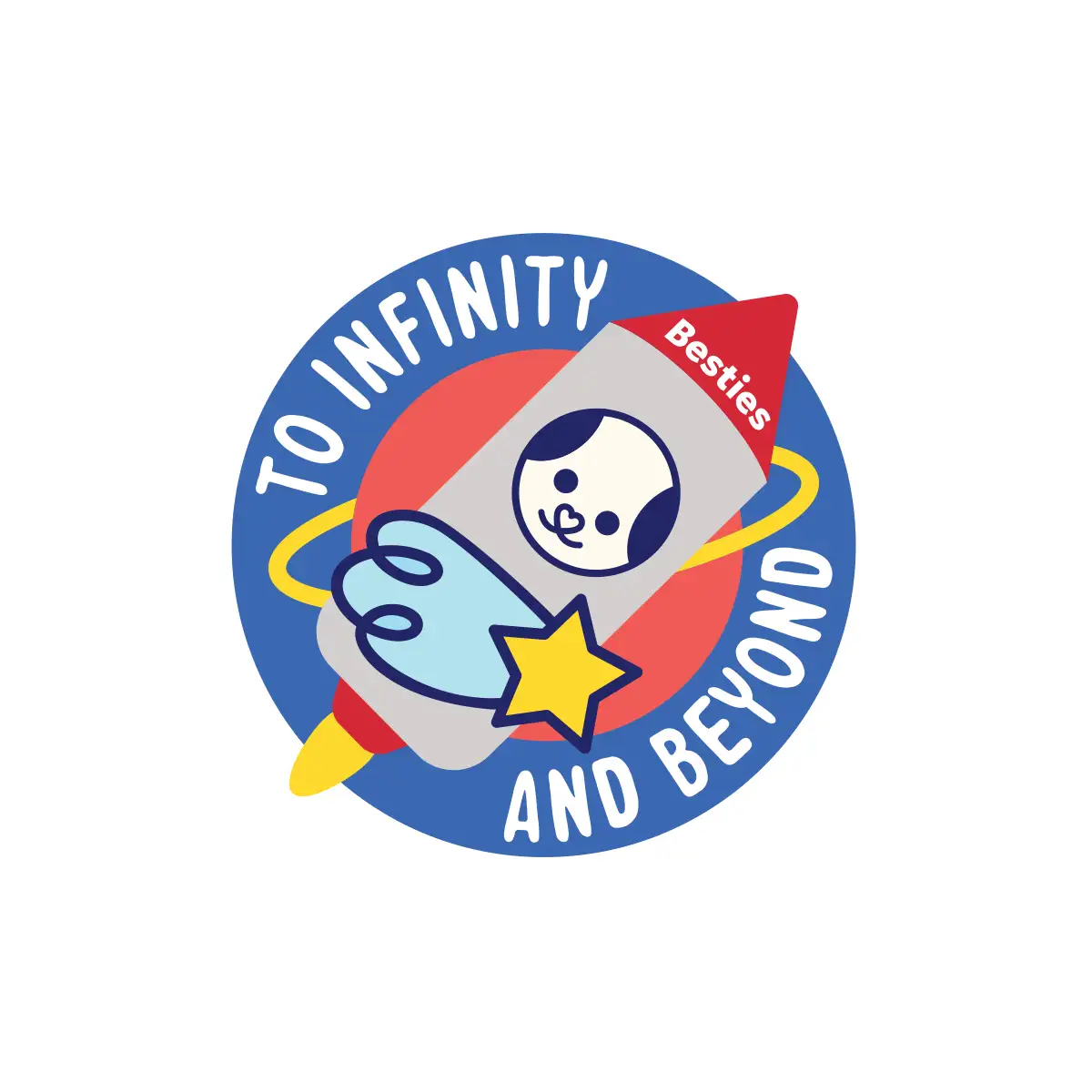 A circular sticker with a dog in a rocket on it, a shooting star and the phrase 