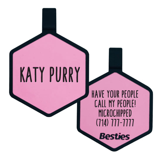 Blush pink silicone pet ID tag. Pet's name is engraved on the front. Emergency contact information is engraved on the back.