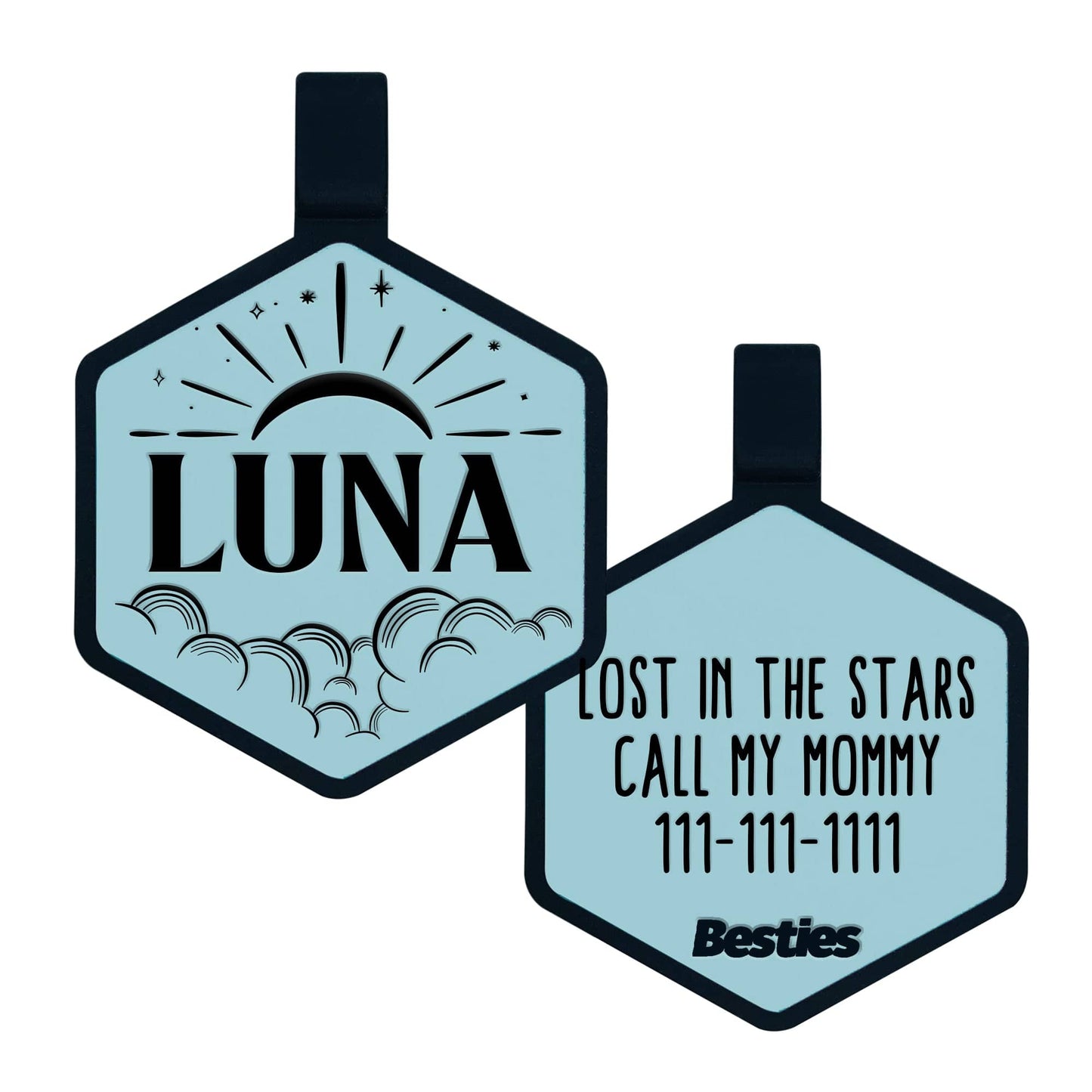 Sky blue silicone pet ID Tag with a celestial design, featuring clouds at the bottom and moon and stars at the top. Pet's name is engraved on the front. Emergency contact information is engraved on the back.