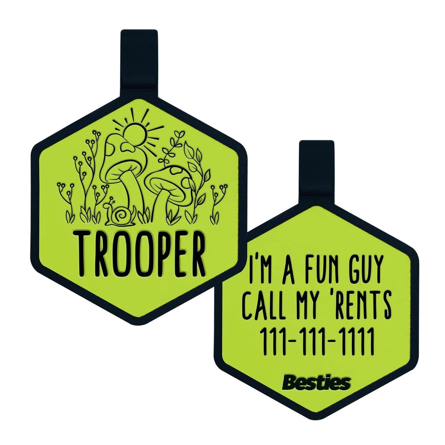 Chartreuse silicone pet ID Tag with an outdoor landscape design, featuring a mushroom, plants, and a  snail. Pet's name is engraved on the front. Emergency contact information is engraved on the back.