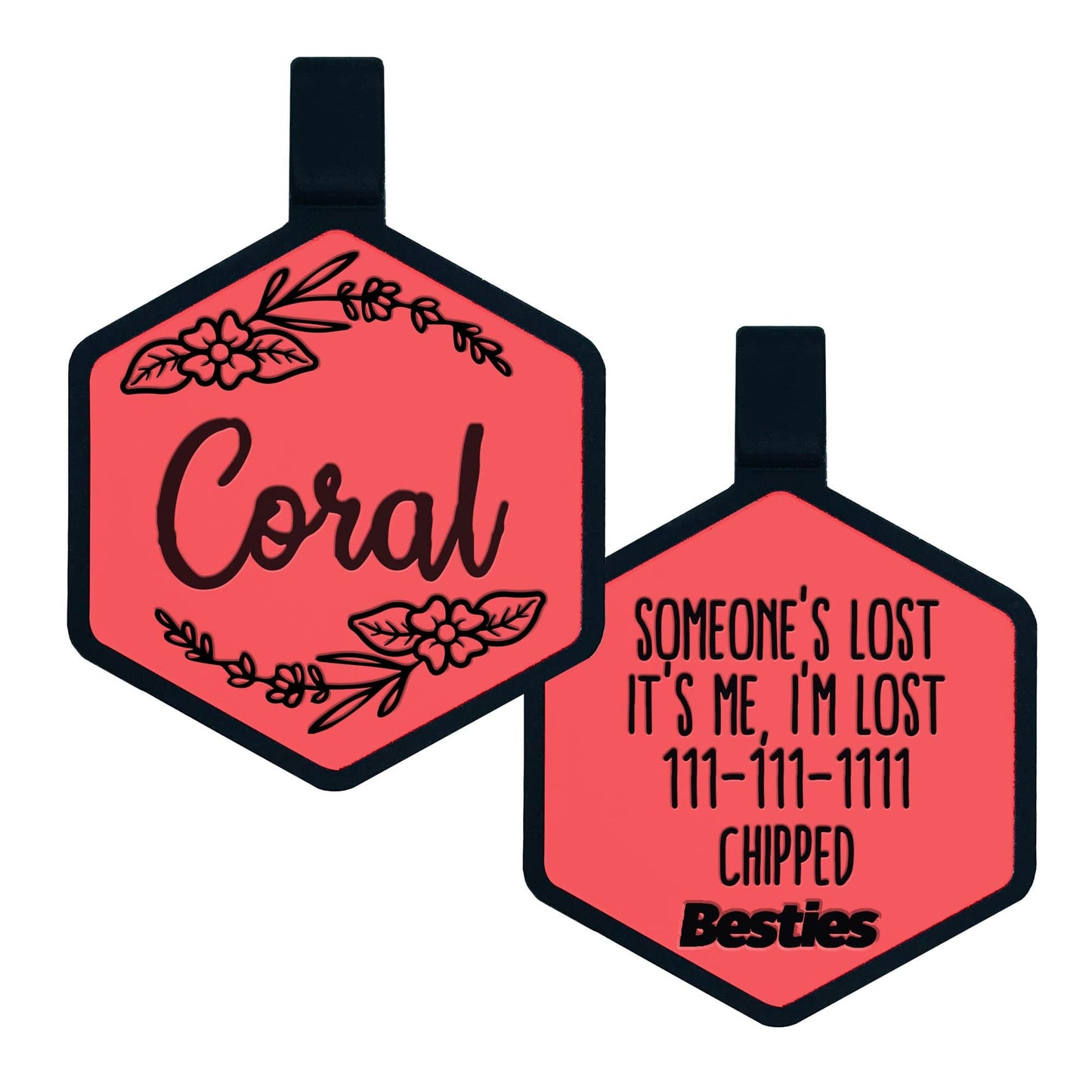 Load image into Gallery viewer, Coral Red Silicone ID Tag with a blossom design. Pet&amp;#39;s name is engraved on the front. Emergency contact information is engraved on the back.
