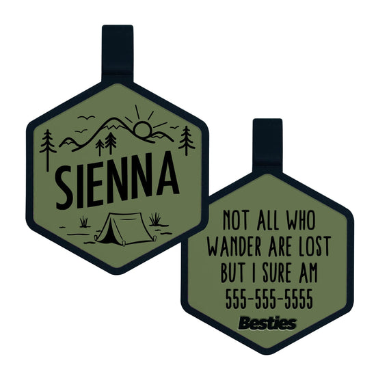 Sage green silicone pet ID Tag with an outdoor landscape design, featuring a mountain with a sunrise. Pet's name is engraved on the front. Emergency contact information is engraved on the back..